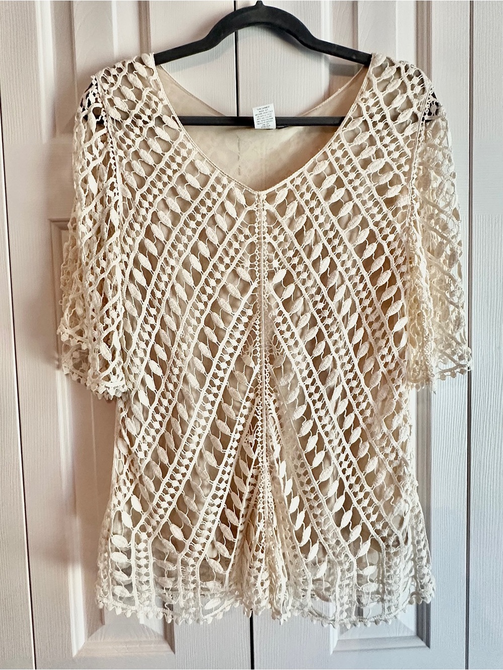 Jennie & Marlis 100% Cotton Cream Crochet Short Sleeve Boho Blouse Size Small